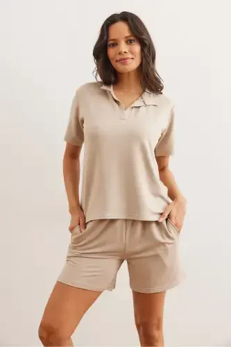Woman Stone Top Polo Neck Blouse Bottom Pocket Shorts Krista - 3