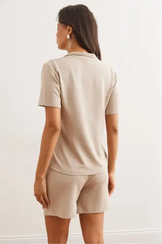 Woman Stone Top Polo Neck Blouse Bottom Pocket Shorts Krista - 5