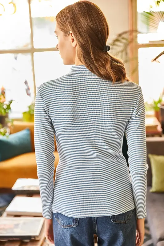 Woman Striped Indigo Zippered Fisherman Collar Lycra Blouse BLZ-19001155-Striped Indigo - 4