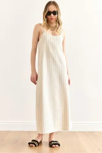 Woman Striped Stone Strap Adjustable Maxi Linen - 1