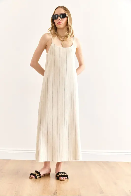Woman Striped Stone Strap Adjustable Maxi Linen - 2