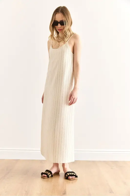 Woman Striped Stone Strap Adjustable Maxi Linen - 3