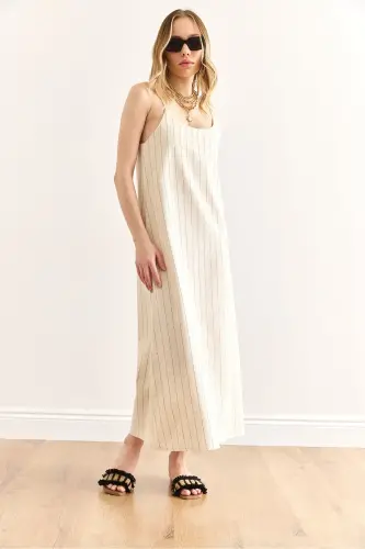 Woman Striped Stone Strap Adjustable Maxi Linen - 4