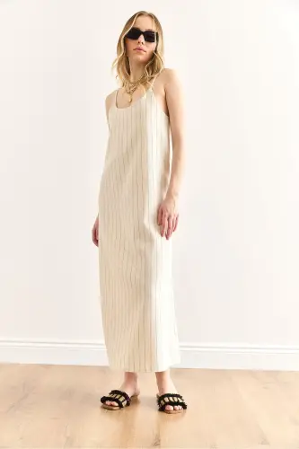 Woman Striped Stone Strap Adjustable Maxi Linen - 5