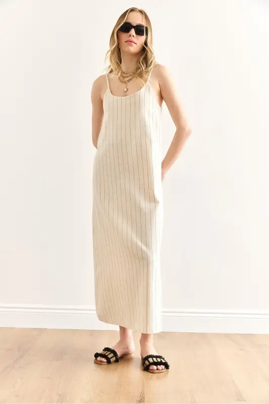 Woman Striped Stone Strap Adjustable Maxi Linen - 6
