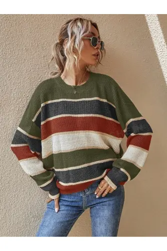 Woman Striped Sweater-GREEN - 1