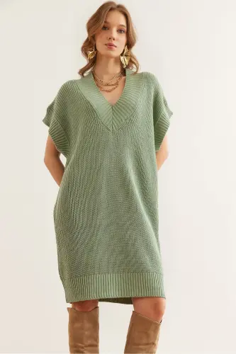 Woman Teal Green V Neck Knit Tunic Dress ELB-1 