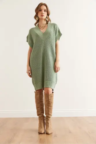 Woman Teal Green V Neck Knit Tunic Dress ELB-1 - 2