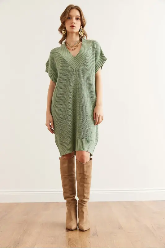 Woman Teal Green V Neck Knit Tunic Dress ELB-1 - 2