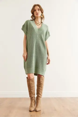 Woman Teal Green V Neck Knit Tunic Dress ELB-1 - 3