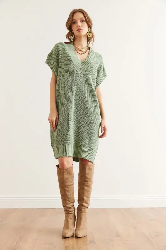 Woman Teal Green V Neck Knit Tunic Dress ELB-1 - 3