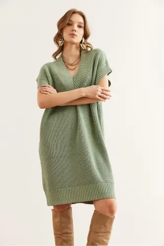 Woman Teal Green V Neck Knit Tunic Dress ELB-1 - 4
