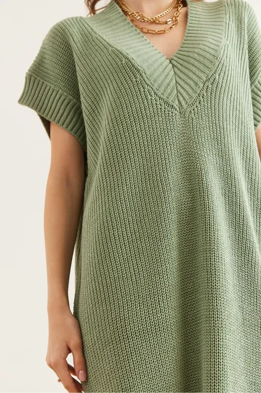 Woman Teal Green V Neck Knit Tunic Dress ELB-1 - 5