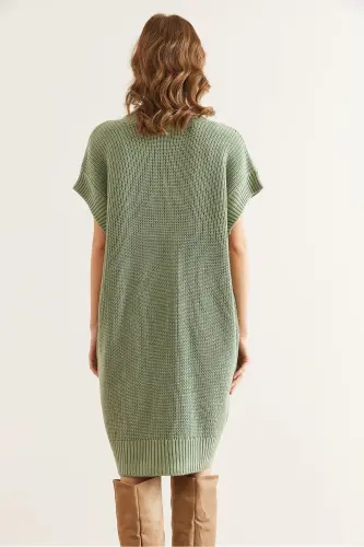 Woman Teal Green V Neck Knit Tunic Dress ELB-1 - 6