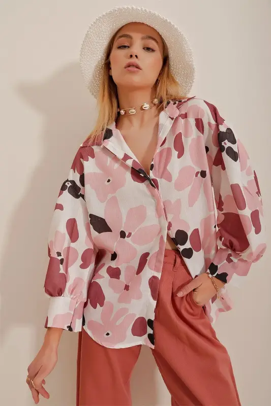 Woman Tile Princess Ethnic Patterned Flamed Linen Weave Shirt ALC-X10398-Tile - TREND ALAÇATI STILI