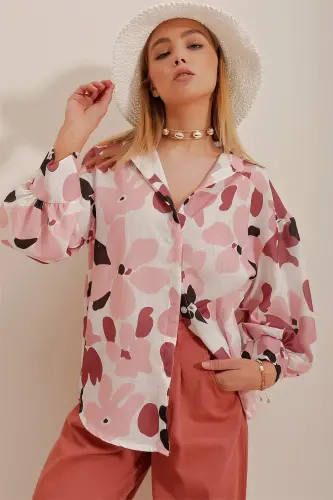 Woman Tile Princess Ethnic Patterned Flamed Linen Weave Shirt ALC-X10398-Tile - 4