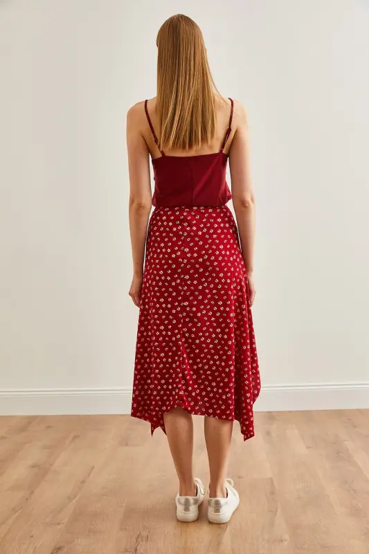 Woman Tiny Flower Red Asymmetrical Patterned Skirt E - 5