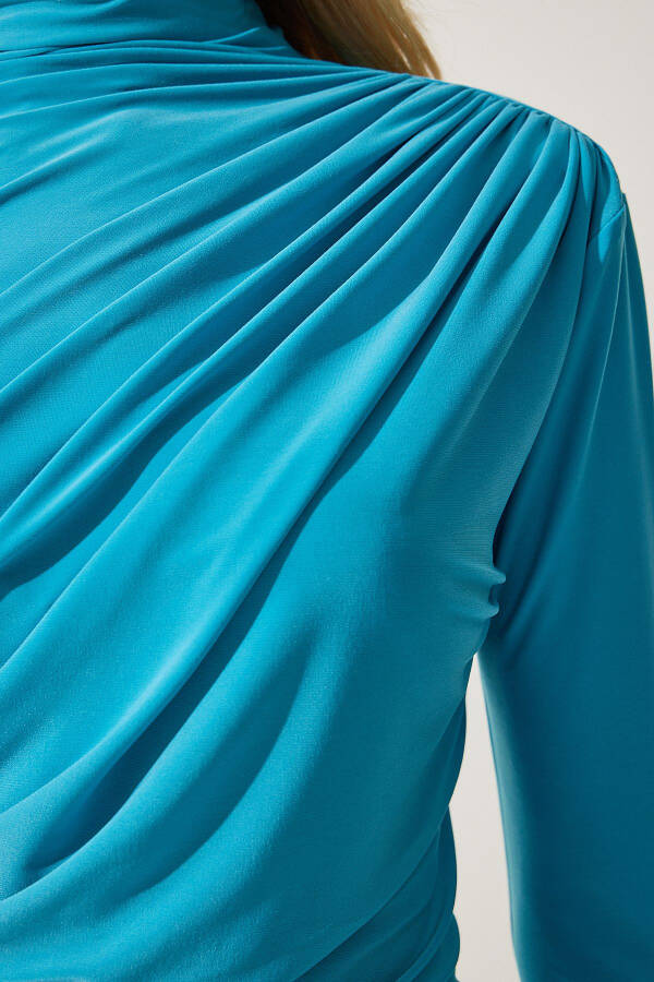 Woman Turquoise Buckle Detail Stand Collar Sandy Blouse FF00135 - 3