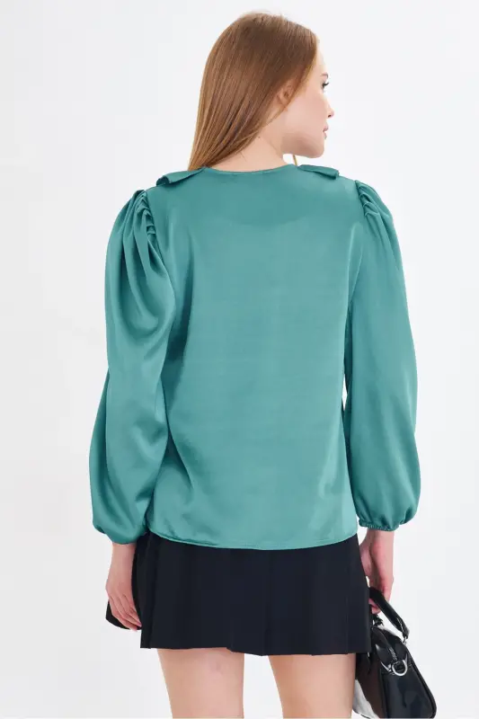 Woman Turquoise Collar Ruffled Shoulder Shirred Sleeve Elasticated Cotton Sateen Blouse ARM-22K001059-Turquoise - 5