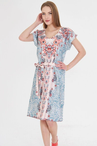 Woman Turquoise Front Back V Neck Belted Patterned Dress - ARMONIKA