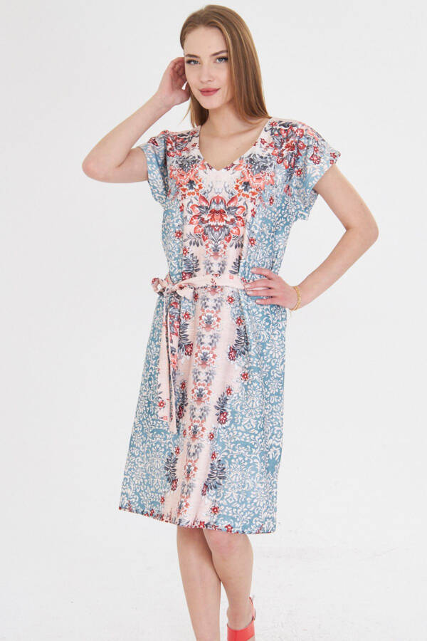 Woman Turquoise Front Back V Neck Belted Patterned Dress - 1