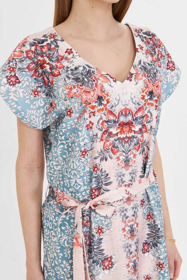 Woman Turquoise Front Back V Neck Belted Patterned Dress - 2