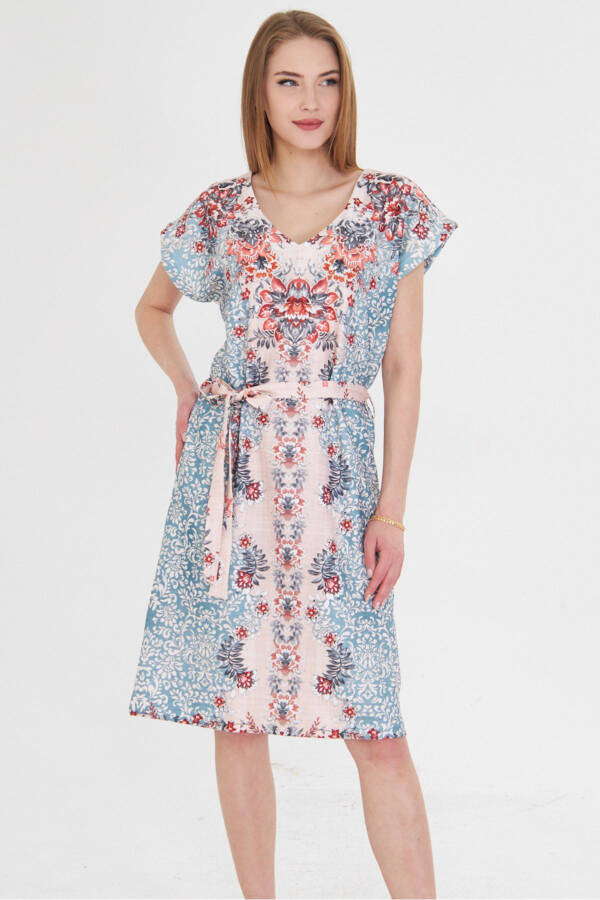 Woman Turquoise Front Back V Neck Belted Patterned Dress - 3