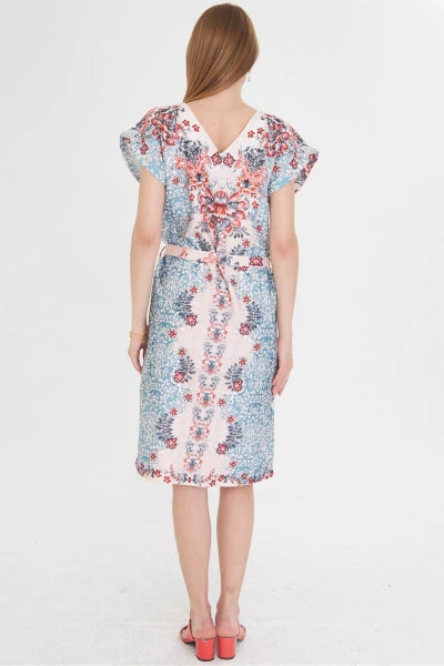 Woman Turquoise Front Back V Neck Belted Patterned Dress - 4