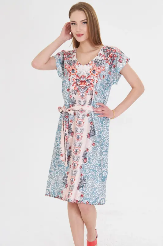 Woman Turquoise Front Back V Neck Belted Patterned Dress - 2