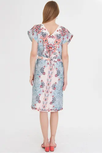 Woman Turquoise Front Back V Neck Belted Patterned Dress - 5