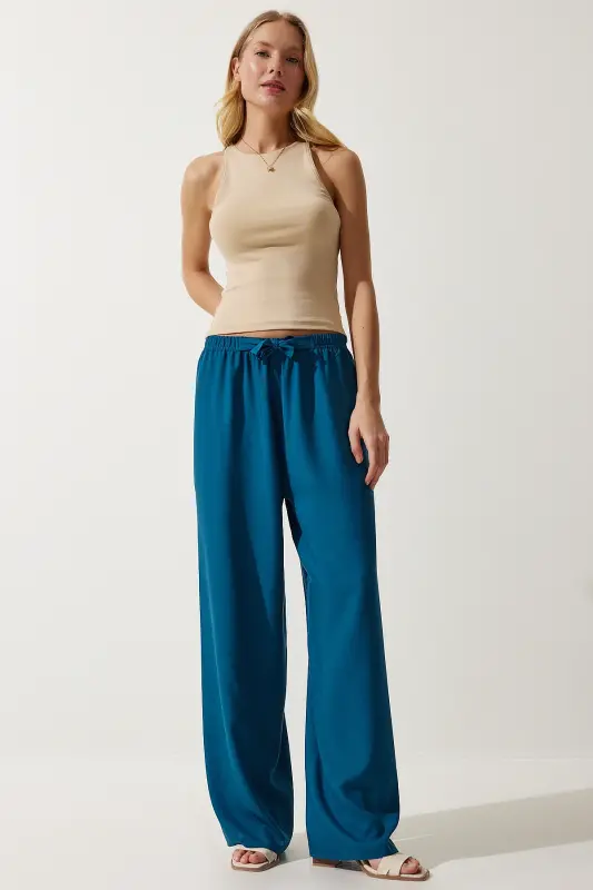 Woman Turquoise Summer Viscose Palazzo Pants EN00610-Petrol Green - 1