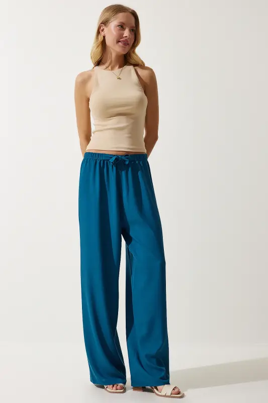 Woman Turquoise Summer Viscose Palazzo Pants EN00610-Petrol Green - 2