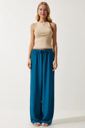 Woman Turquoise Summer Viscose Palazzo Pants EN00610-Petrol Green - 3