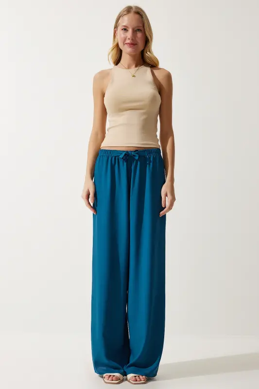 Woman Turquoise Summer Viscose Palazzo Pants EN00610-Petrol Green - 3