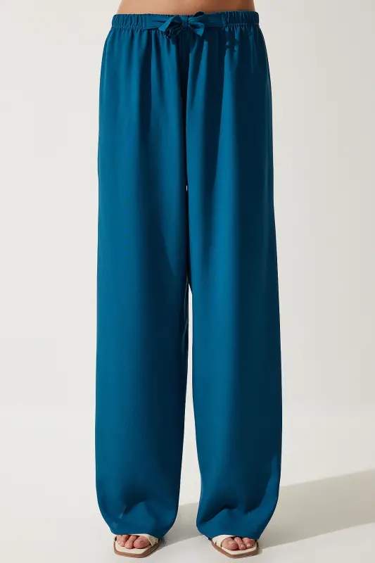 Woman Turquoise Summer Viscose Palazzo Pants EN00610-Petrol Green - 4