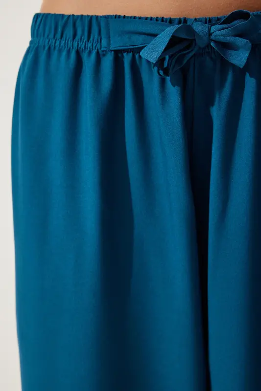 Woman Turquoise Summer Viscose Palazzo Pants EN00610-Petrol Green - 5