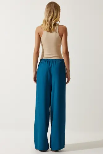 Woman Turquoise Summer Viscose Palazzo Pants EN00610-Petrol Green - 6