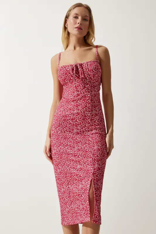 Woman Vivid Pink Floral Slit Summer Knitted Dress CI00029-Vivid Pink - 3