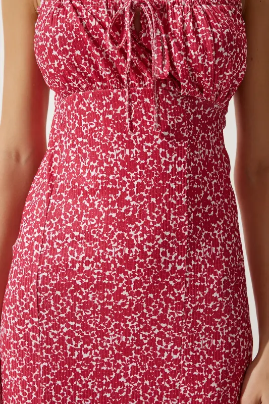 Woman Vivid Pink Floral Slit Summer Knitted Dress CI00029-Vivid Pink - 4