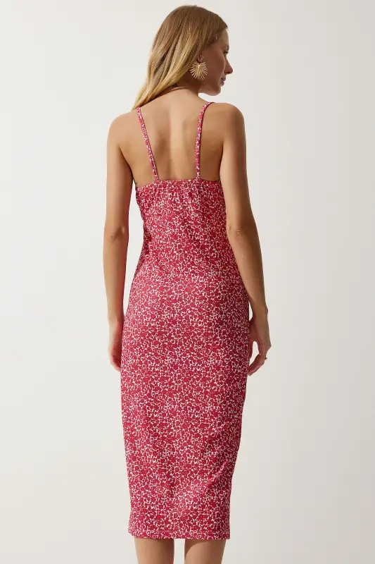 Woman Vivid Pink Floral Slit Summer Knitted Dress CI00029-Vivid Pink - 5