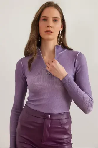 Woman Washable Lilac Zippered Turtleneck Lycra Blouse BLZ-19001155-Washable Lilac - 1