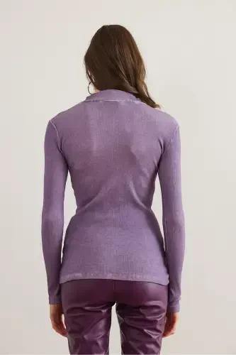Woman Washable Lilac Zippered Turtleneck Lycra Blouse BLZ-19001155-Washable Lilac - OLALOOK (1)