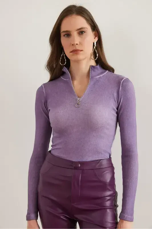Woman Washable Lilac Zippered Turtleneck Lycra Blouse BLZ-19001155-Washable Lilac - 3