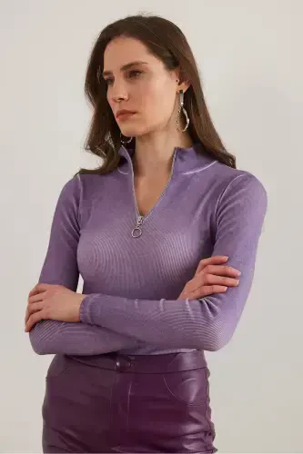 Woman Washable Lilac Zippered Turtleneck Lycra Blouse BLZ-19001155-Washable Lilac - 4