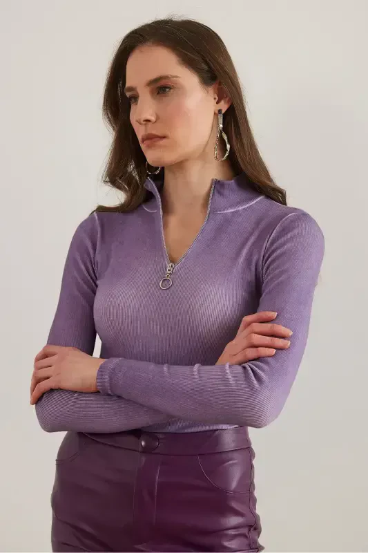 Woman Washable Lilac Zippered Turtleneck Lycra Blouse BLZ-19001155-Washable Lilac - 4