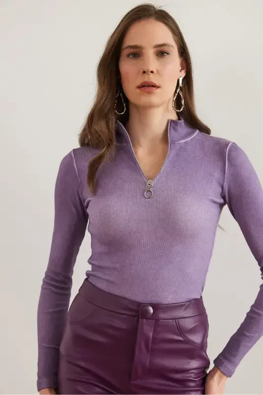 Woman Washable Lilac Zippered Turtleneck Lycra Blouse BLZ-19001155-Washable Lilac - 5