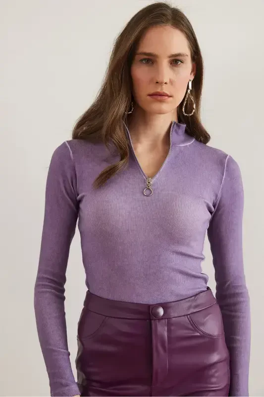 Woman Washable Lilac Zippered Turtleneck Lycra Blouse BLZ-19001155-Washable Lilac - 6