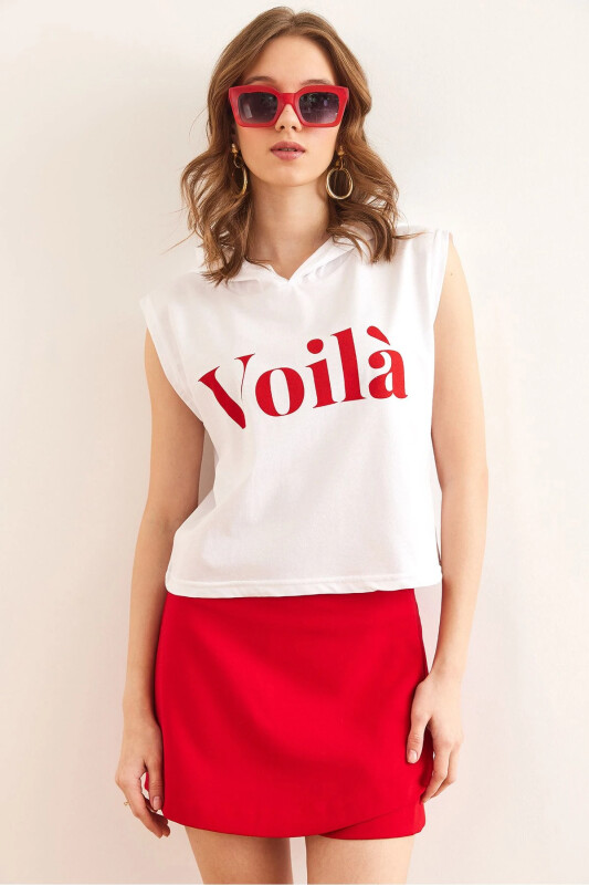 Woman White Arm Detail Patchwork Hoodie Cotton T-Shirt - OLALOOK