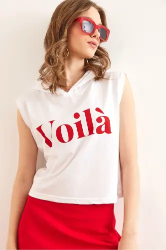 Woman White Arm Detail Patchwork Hoodie Cotton T-Shirt - OLALOOK (1)