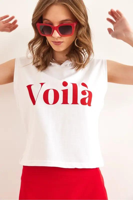 Woman White Arm Detail Patchwork Hoodie Cotton T-Shirt - 3